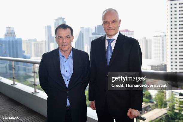 SportAccord Managing Director Nis Hatt and GAISF Vice President Stephan Fox pose for photographs during day one of the SportAccord at Centara Grand &...