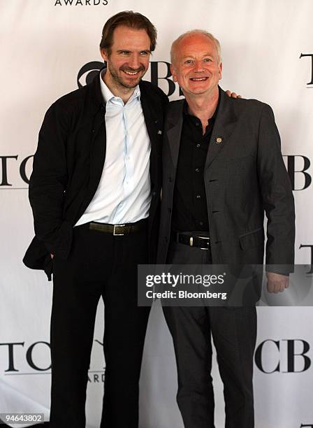 Ralph Fiennes, left, and Ian McDiarmid, of the "Faith Healer" pose during a press reception for the Tony Award nominees in New York on Wednesday, May...