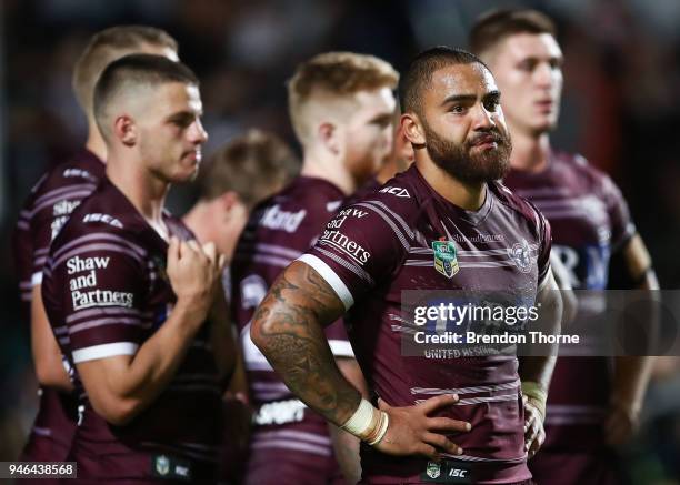 Sea Eagles players show their dejection during the round six NRL match between the Manly Sea Eagles and the Wests Tigers at Lottoland on April 15,...