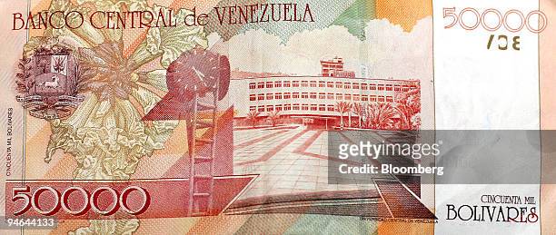 New 50,000 Bolivar note is arranged for a photo in Caracas, Venezuela, Monday, November 20, 2006. The new notes, which went into circulation Monday,...