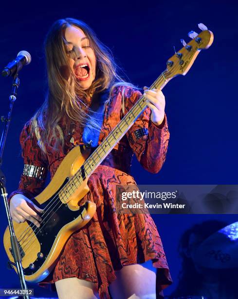 Este Haim of HAIM performs onstage during 2018 Coachella Valley Music And Arts Festival Weekend 1 at the Empire Polo Field on April 14, 2018 in...