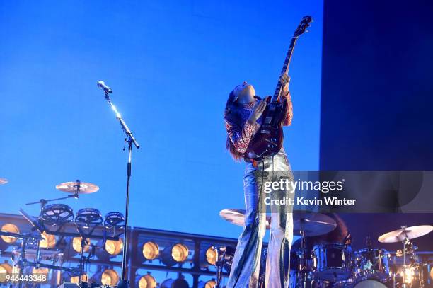 Danielle Haim of HAIM performs onstage during 2018 Coachella Valley Music And Arts Festival Weekend 1 at the Empire Polo Field on April 14, 2018 in...