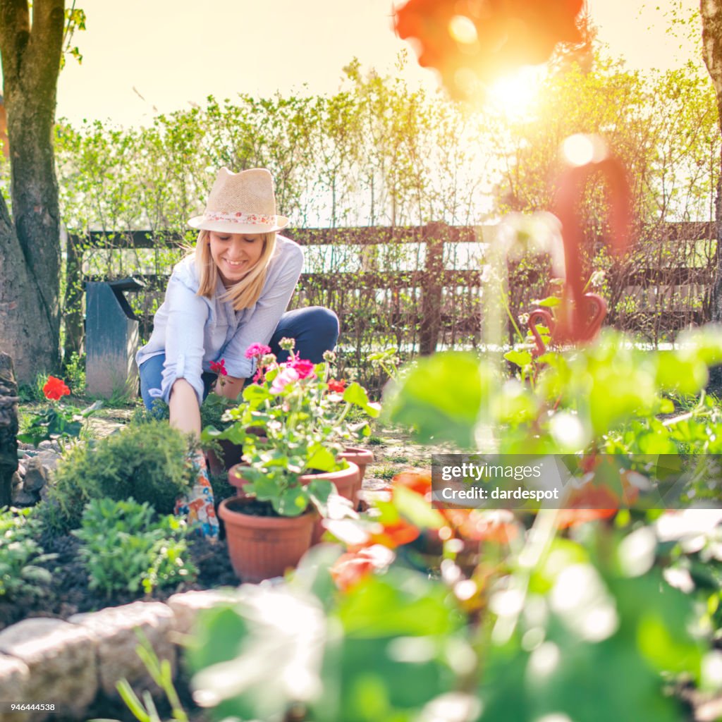 Femme planter des fleurs