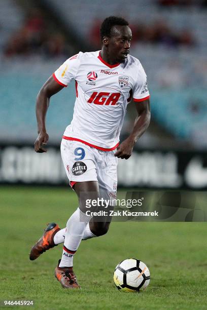 Papa Babacar Diawara of Adelaide controls the ball during the round 27 A-League match between the Western Sydney Wanderers and Adelaide United at ANZ...