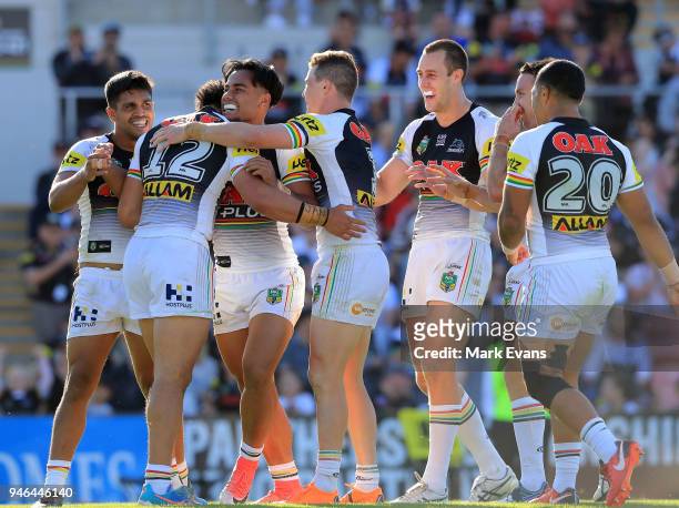 Corey Harawira-Naera of the Panthers celebrates a try with team mates during the round six NRL match between the Penrith Panthers and the Gold Coast...