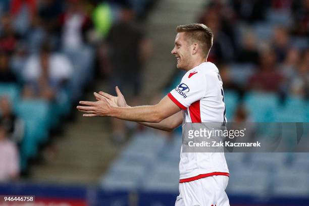 Ryan Kitto of Adelaide celebrates after scoring the winning goal during the round 27 A-League match between the Western Sydney Wanderers and Adelaide...