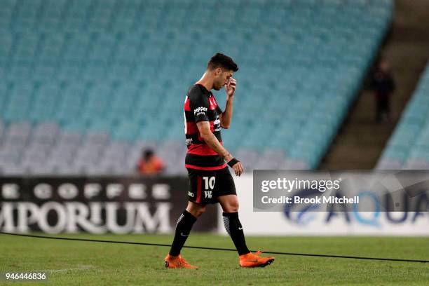 Alvaro Cejudo of the Western Sydney Wanderers shows disappointment after the round 27 A-League match between the Western Sydney Wanderers and...