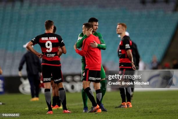 Western Sydney players show disappointment after losing the round 27 A-League match between the Western Sydney Wanderers and Adelaide United at ANZ...