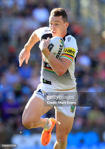 Dylan Edwards of the Panthers runs the ball during the round six NRL match between the Penrith Panthers and the Gold Coast Titans on April 15, 2018...
