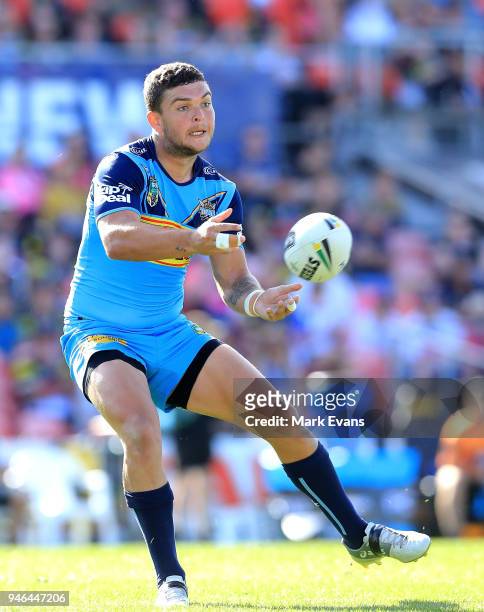 Ash Taylor of the Titans passes the ball during the round six NRL match between the Penrith Panthers and the Gold Coast Titans on April 15, 2018 in...