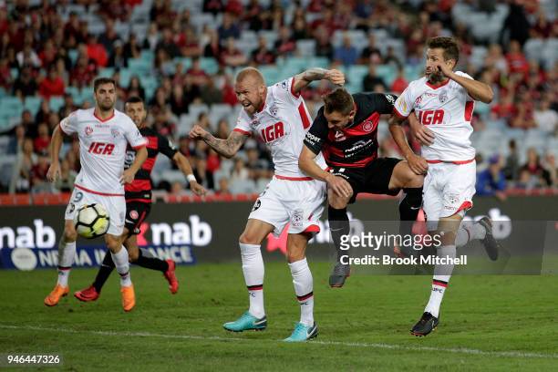 Brendon Santalab of the Western Sydney Wanderers heads the ball during the round 27 A-League match between the Western Sydney Wanderers and Adelaide...