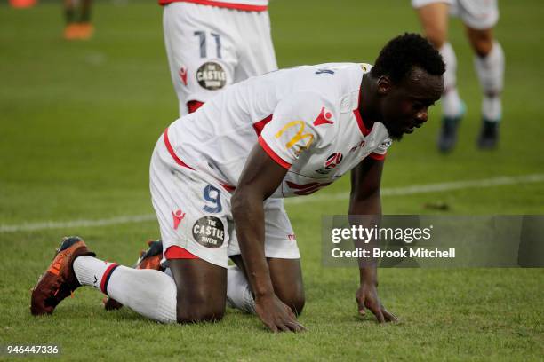 Papa Babacar of Adelaide United celebrates scoring during the round 27 A-League match between the Western Sydney Wanderers and Adelaide United at ANZ...