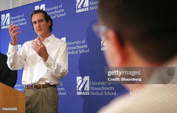 Dr. Craig Mello, PhD answers a reporter's question during a news conference at the University of Massachusetts Medical School, Monday, October 2 in...