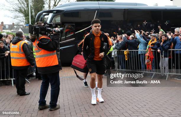 Morgan Gibbs-White of Wolverhampton Wanderers arrives at Molineux Stadium before the Sky Bet Championship match between Wolverhampton Wanderers and...