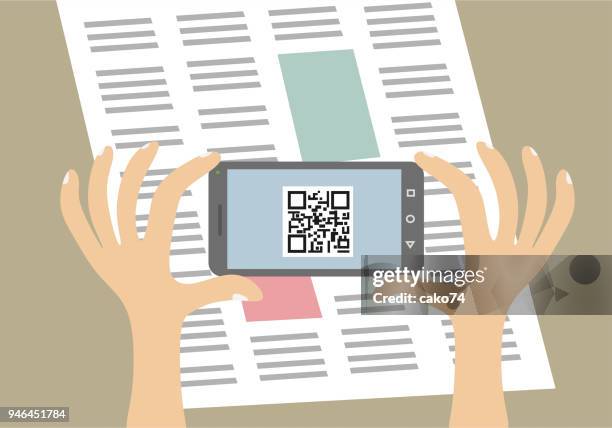 mobile phone qr code scanning - papers scanning to digital vector stock illustrations