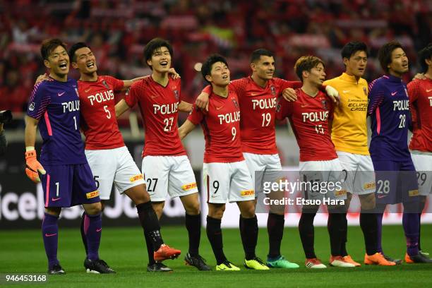 Players of Urawa Red Diamonds celebrate their victory after the J.League J1 match between Urawa Red Diamonds and Shimizu S-Pulse at Saitama Stadium...