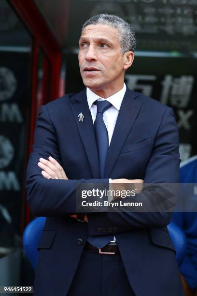 Chris Hughton, Manager of Brighton and Hove Albion looks on prior to the Premier League match between Crystal Palace and Brighton and Hove Albion at...