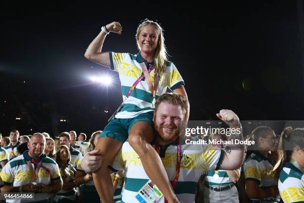 Australian athletes enjoy the atmosphere during the Closing Ceremony for the Gold Coast 2018 Commonwealth Games at Carrara Stadium on April 15, 2018...