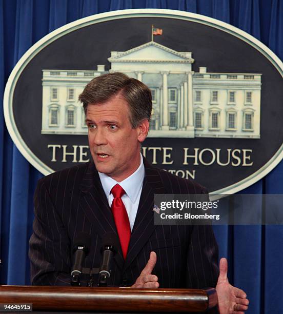 White House press secretary Tony Snow conducts his first formal briefing with reporters, Tuesday, May 16, 2006 at the White House in Washington, D.C.