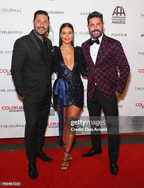 Jamil Mannah,Lauren Phillips and David Mannah attend the 2018 Australian Hair Fashion Awards at Luna Park on April 15, 2018 in Sydney, Australia.