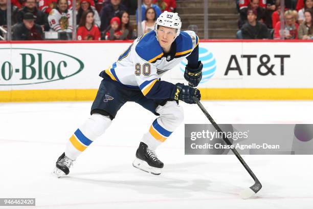 Nikita Soshnikov of the St. Louis Blues watches for the puck in the second period against the Chicago Blackhawks at the United Center on April 6,...