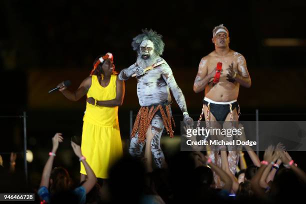 Yothu Yindi and The Treaty Project perform during the Closing Ceremony for the Gold Coast 2018 Commonwealth Games at Carrara Stadium on April 15,...