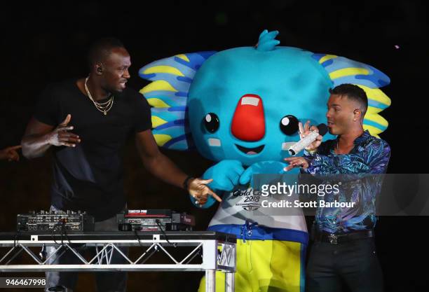 Anthony Callea and Usain Bolt during the Closing Ceremony for the Gold Coast 2018 Commonwealth Games at Carrara Stadium on April 15, 2018 on the Gold...