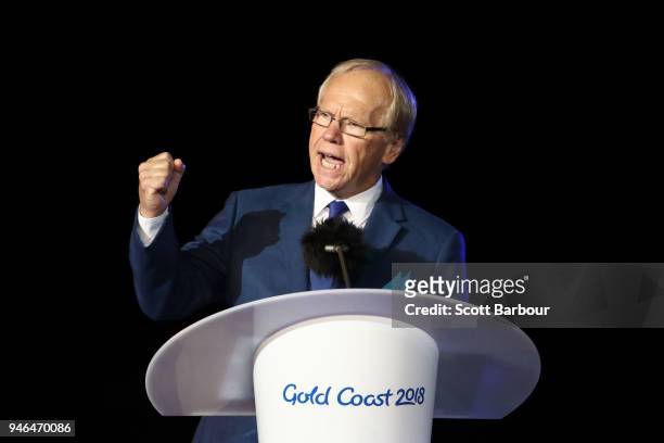 Peter Beattie makes a speach during the Closing Ceremony for the Gold Coast 2018 Commonwealth Games at Carrara Stadium on April 15, 2018 on the Gold...