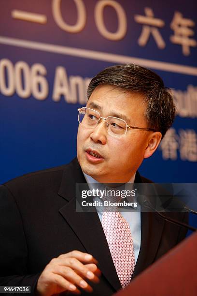 Guo Shuqing, chairman of China Construction Bank Corp., speaks at a news conference, on Monday, April 16 in Hong Kong, China. China Construction Bank...