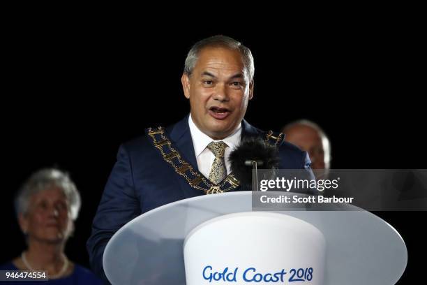 The Mayor of Gold Coast, Tom tate makes a speach during the Closing Ceremony for the Gold Coast 2018 Commonwealth Games at Carrara Stadium on April...