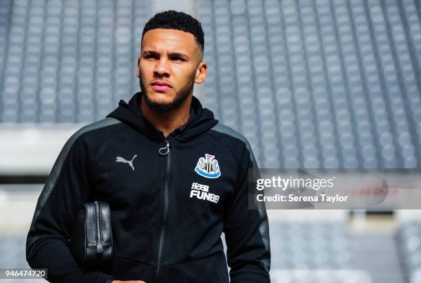 Jamaal Lascelles of Newcastle United arrives for the Premier League match between Newcastle United and Arsenal at St.James' Park on April 15 in...