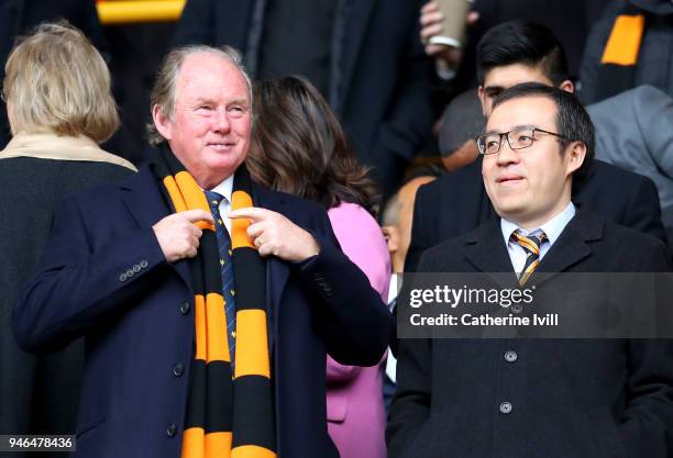 Steve Morgan, former Wolverhampton Wanderers owner and Jeff Shi, Chairman of Wolverhampton Wanderers are seen in the stands togehter prior to the Sky...