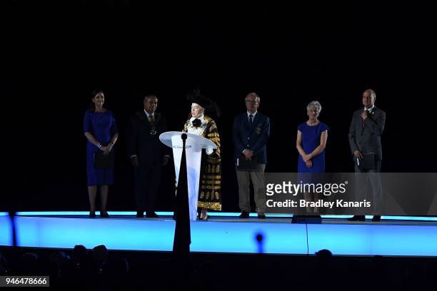 Anne Underwood, Lord Mayor of Birmingham, makes a speach during the Closing Ceremony for the Gold Coast 2018 Commonwealth Games at Carrara Stadium on...