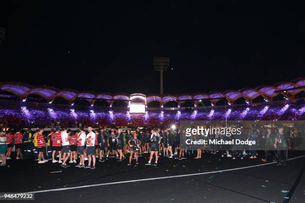 Athletes look on during the Closing Ceremony for the Gold Coast 2018 Commonwealth Games at Carrara Stadium on April 15, 2018 on the Gold Coast,...