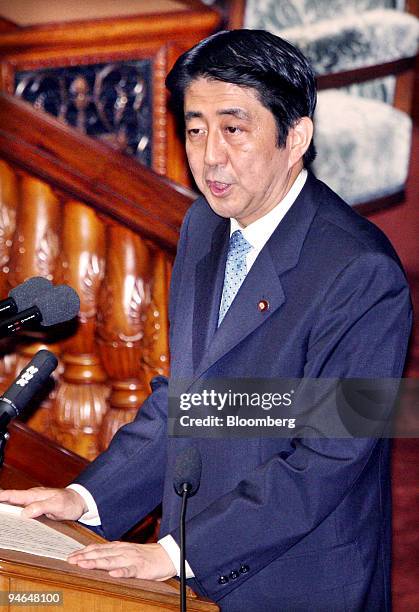 Shinzo Abe, Japan's new prime minister, delivers his inaugural policy speech at Parliament in Tokyo, Japan, Friday, September 29, 2006. Japanese...