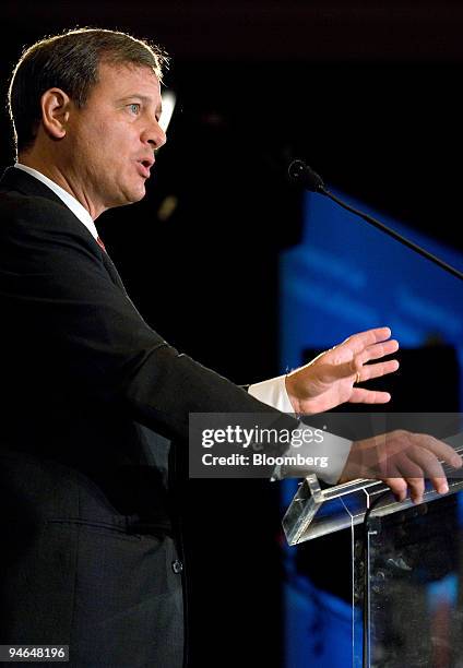 John G. Roberts, chief justice of the United States Supreme Court, speaks during a conference titled "Fair and Independent Courts: A Conference on...