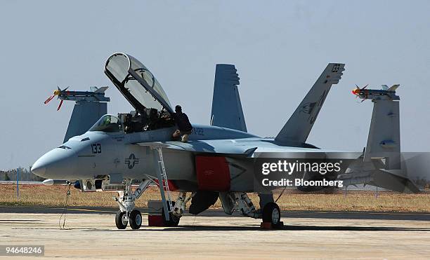 An F-18 U.S. Air Force fighter jet is displayed at the Aero India 2007 air show in Bangalore, India, on Friday, Feb. 9, 2007.