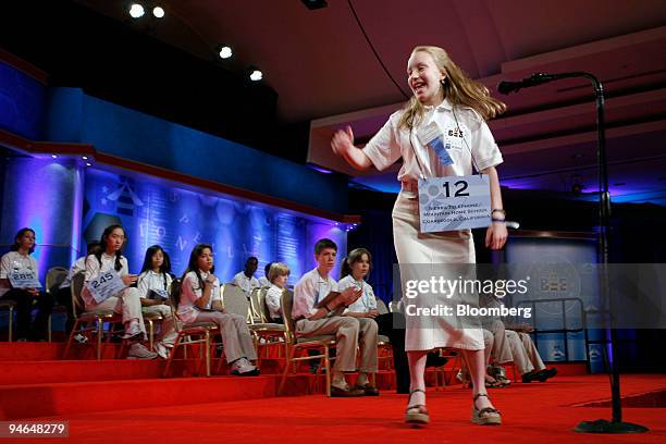 Tia Thomas, of Coarsegold, California, celebrates after spelling the word, "sagittal" in Round 5 of the 2007 Scripps National Spelling Bee in...