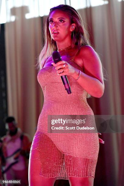 Singer Alina Baraz performs on the Gobi stage during week 1, day 2 of the Coachella Valley Music and Arts Festival on April 14, 2018 in Indio,...