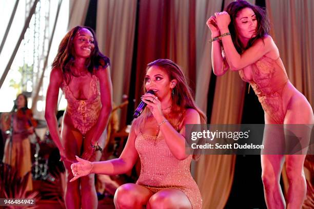 Singer Alina Baraz performs on the Gobi stage during week 1, day 2 of the Coachella Valley Music and Arts Festival on April 14, 2018 in Indio,...