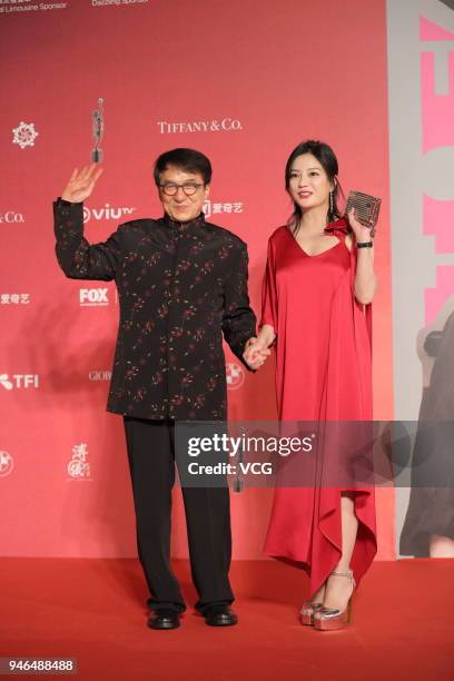 Actor Jackie Chan and actress Vicky Zhao Wei pose on red carpet of the 37th Hong Kong Film Awards ceremony at Hong Kong Cultural Centre on April 15,...