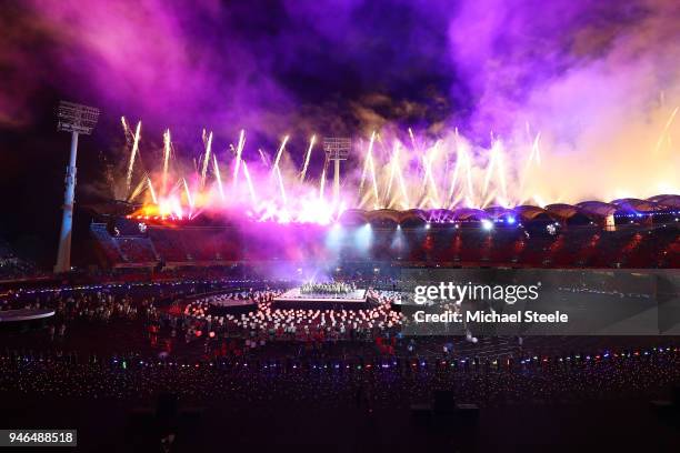 General view inside the stadium as fireworks are set off during the Closing Ceremony for the Gold Coast 2018 Commonwealth Games at Carrara Stadium on...