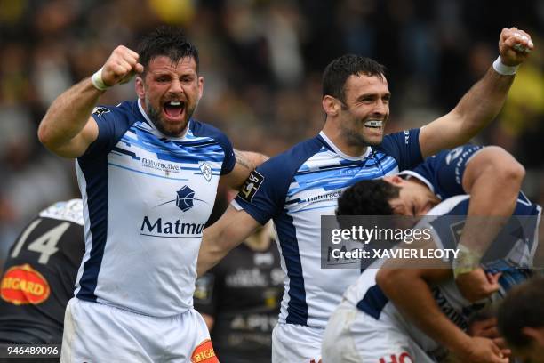 Castres' Uruguayan lock Rodrigo Capo Ortega and Castres' French centre Thomas Combezou react during the French Top 14 rugby union match between La...