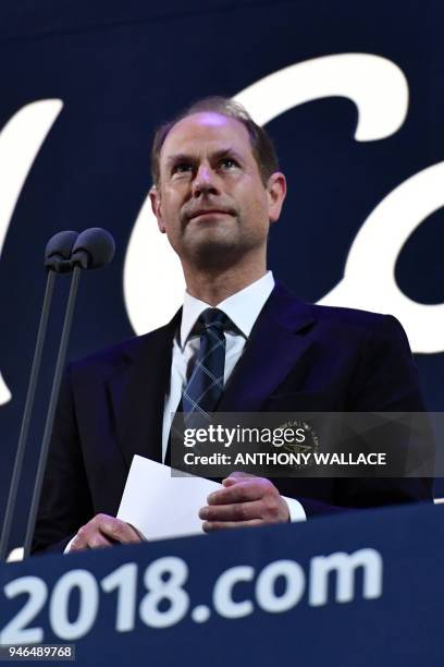 Prince Edward, Earl of Wessex, speaks during the closing ceremony of the 2018 Gold Coast Commonwealth Games at the Carrara Stadium on the Gold Coast...