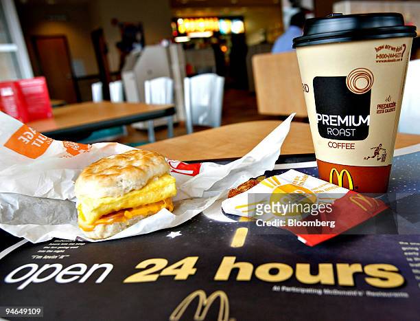Sausage Egg McMuffin meal with hash browns and Premium Roast coffee is arranged for a photo in a McDonald's restaurant in Hillside, New Jersey,...