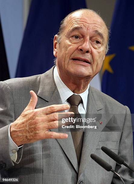 French President Jacques Chirac speaks at a press conference during the first summit of the "Weimar Triangle" including representatives from Germany,...