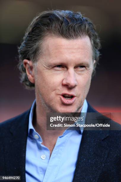 Pitchside pundit Steve McManaman looks on during the Premier League match between Liverpool and AFC Bournemouth at Anfield on April 14, 2018 in...