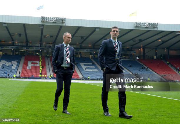 Kenny Miller of Rangers and Lee Wallace of Rangers take a look around the pitch prior to the Scottish Cup Semi Final match between Rangers and Celtic...