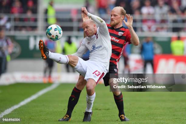 Tobias Werner of Nuernberg and Tobias Levels of Ingolstadt compete for the ball during the Second Bundesliga match between FC Ingolstadt 04 and 1. FC...