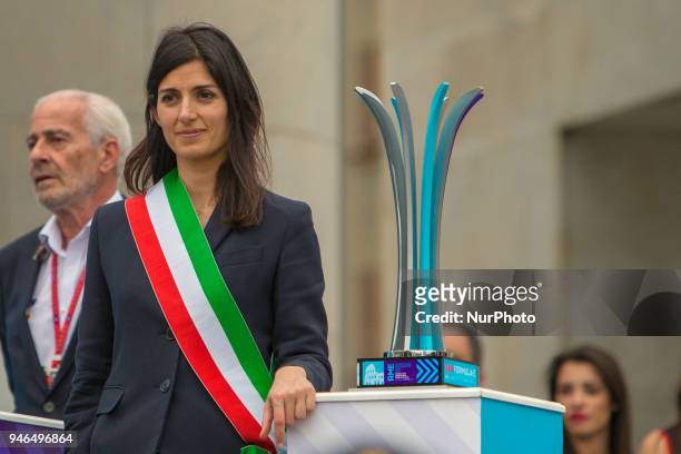 Virginia Raggi Mayor of Rome on the stage for awards ceremony of the Rome E-Prix Round 7 as part of the ABB FIA Formula E Championship on April 14,...